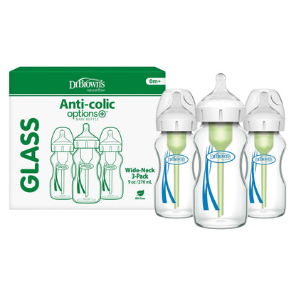 Dr. Brown's Natural Flow Anti-Colic Options+ Wide-Neck Glass Baby Bottles 9 oz/270 mL, with Level 1 Slow Flow Nipple, 3 Pack, 0m+ 🍁 All In One Marketplace Canada
