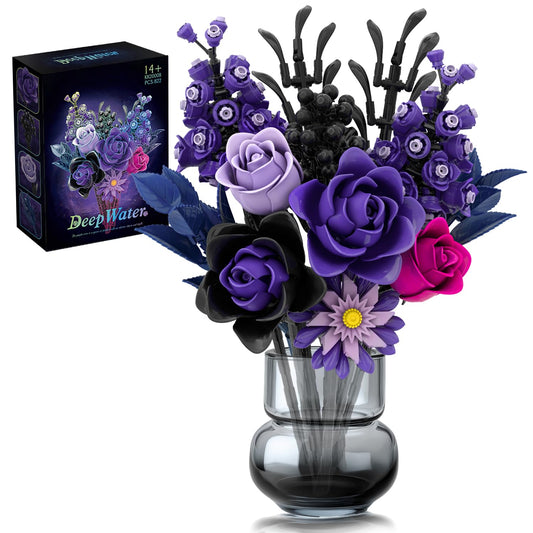 Purple Rose Bouquet Building Set, Artificial Floral Building Toys for Gothic Home Decor, Ideal Gift for Halloween & Christmas, Compatible with Lego Flower Set for Adults, Women, and Teen Girls
