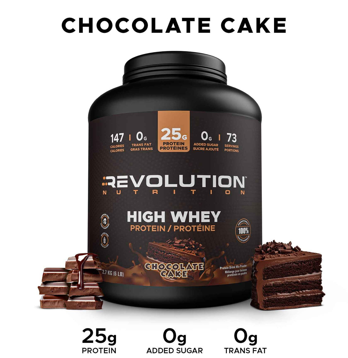 Revolution Nutrition, High Whey, Protein Powder 6LB, Whey Protein, Gluten Free, 25g of Protein Per Scoop, 2.7kg, 73 Servings (Chocolate Cake, 6 Pound) 🍁 All In One Marketplace Canada