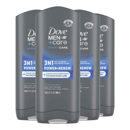 Dove Men+Care Refreshing Power + Renew 3N1 Body, Hair and Face Wash with 24-Hour Nourishing Micromoisture Technology Body Wash for Men 400 ml (Pack of 4) 🍁 All In One Marketplace Canada