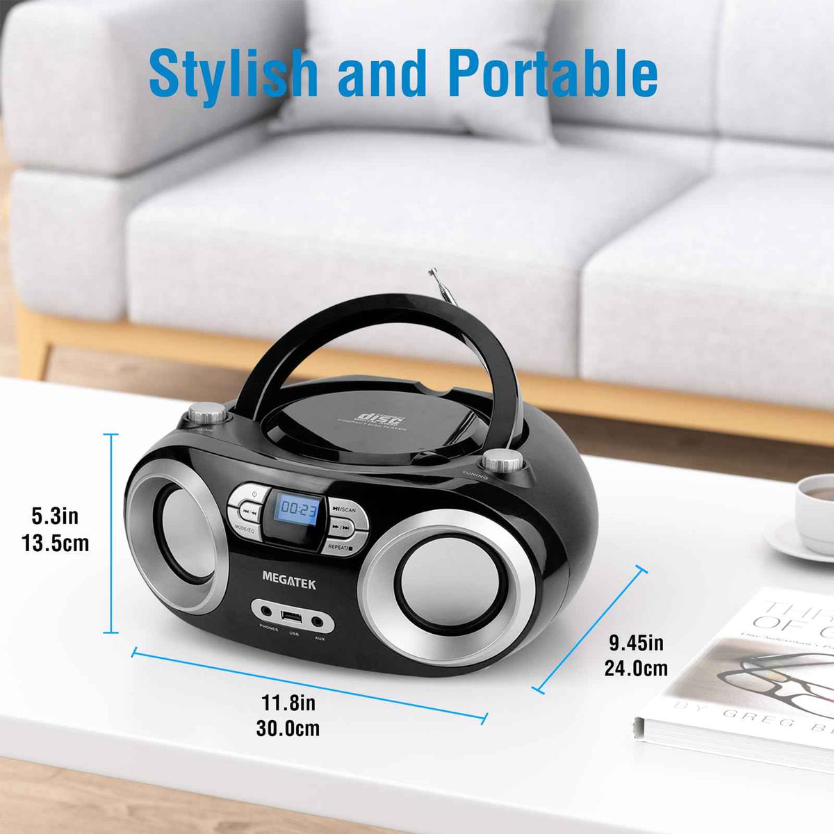 MEGATEK Portable CD Player Boombox with FM Radio, Bluetooth, USB Port, AUX Input, and Headphone Jack – CD-R/CD-RW/MP3-CD Compatible, Clear Stereo Sound, Backlit LCD Display – Black 🍁 All In One Marketplace Canada