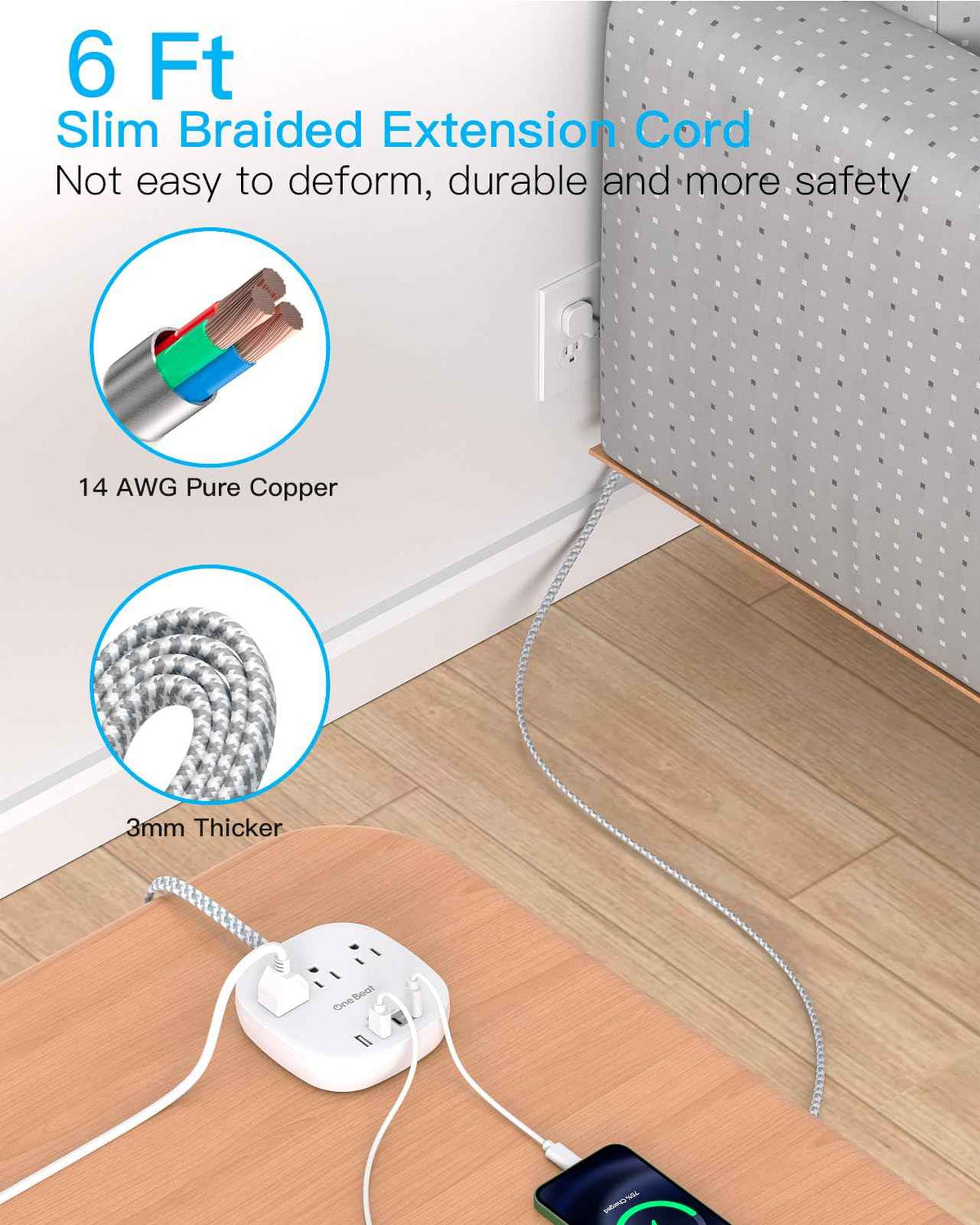One Beat Flat Plug Power Bar with USB C, 6FT Ultra-Thin Extension Cord, 3 Outlet with 4 USB Ports (2 USB C) Desktop Charging Station, No Surge Protection for Cruise Ship, Travel Essentials, Dorm Room 🍁 All In One Marketplace Canada