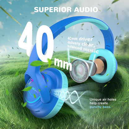 Kids Headphones Wireless with LED Lights, iClever BTH18 Safe Volume 74/85dBA, 43H Playtime, Stereo Sound, USB-C, AUX Cable, Bluetooth5.3 Over Ear Kids Toddler Headphones for Tablet/Travel, Blue 🍁 All In One Marketplace Canada