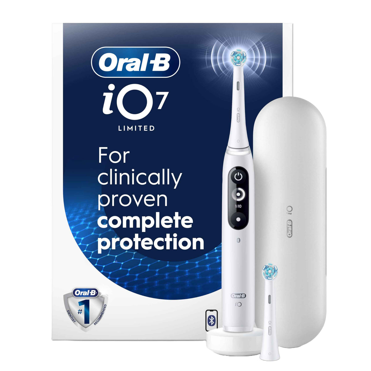 Oral-B iO Deep Clean + Protect Rechargeable Electric Toothbrush, White with Visible Pressure Sensor, 5 Cleaning Settings, 2 Min Timer, an iO Series 7 Toothbrush, 2 Replacement Brush Heads, and Charging Travel Case 🍁 All In One Marketplace Canada