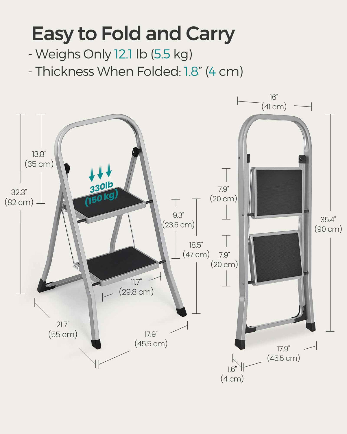 SONGMICS Step Ladder, 2-Step Ladder, Folding Ladder, Safety Lock, Space-Saving Storage, Holds up to 330 lb, Dove Gray UGSL012G01 🍁 All In One Marketplace Canada