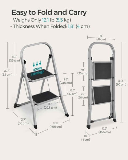 SONGMICS Step Ladder, 2-Step Ladder, Folding Ladder, Safety Lock, Space-Saving Storage, Holds up to 330 lb, Dove Gray UGSL012G01 🍁 All In One Marketplace Canada