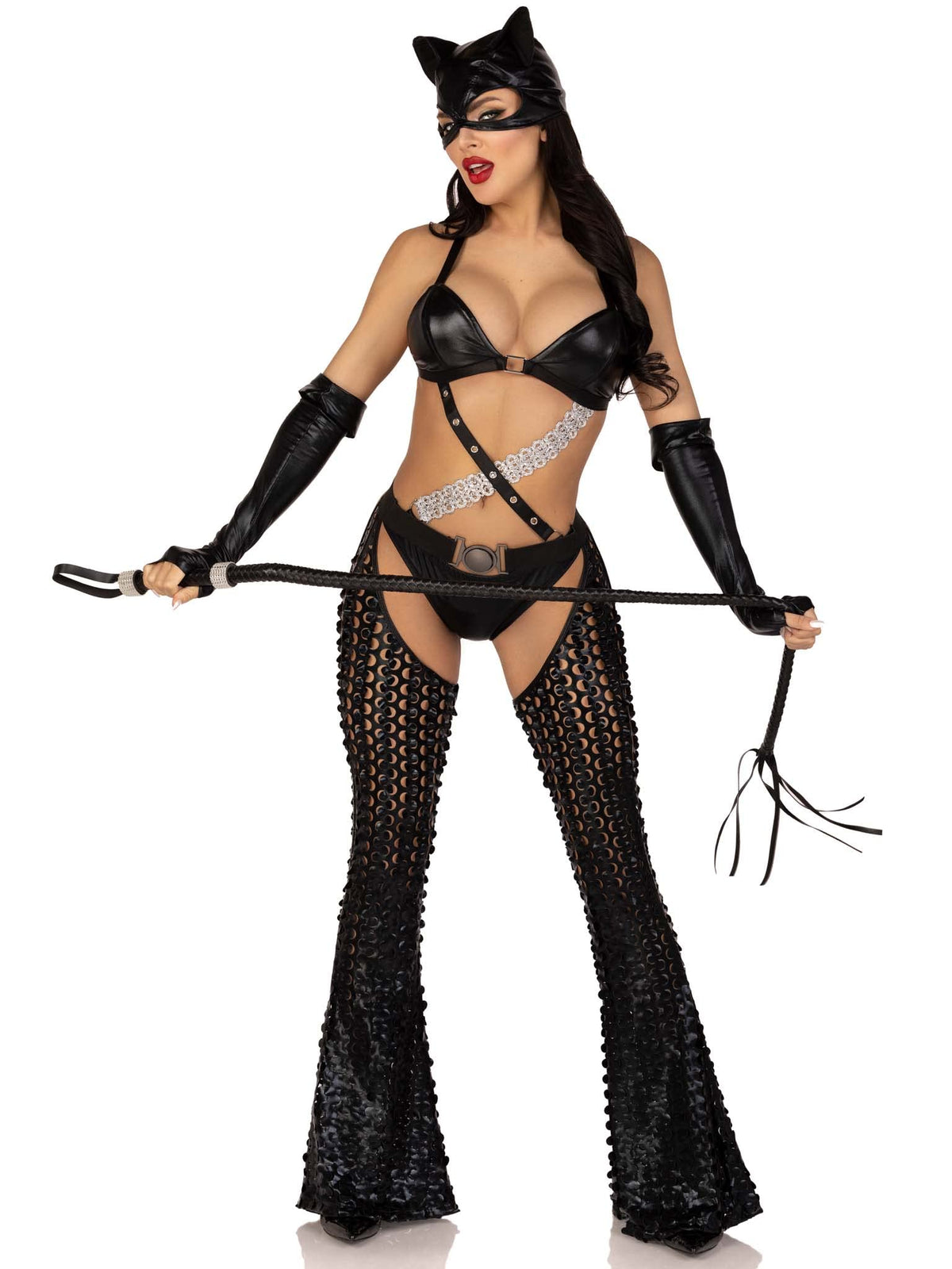 Leg Avenue Women’s 3 PC Mistress Kitty Halloween Costume with Catsuit, MEDIUM, Black