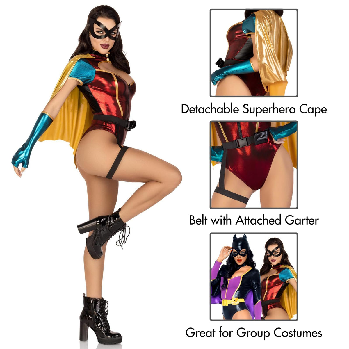 Leg Avenue Women’s 5 PC Sultry Sidekick Halloween Costume with Cape and Gloves, SMALL