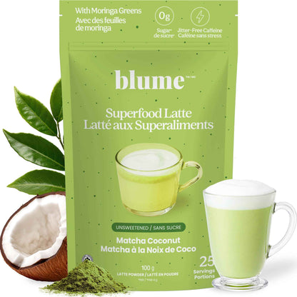 Blume Matcha Coconut Superfood Latte – Organic Matcha Green Tea from Shizuoka Japan, Moringa Leaf & Coconut Milk Latte Mix, Caffeine & L-Theanine for Energy & Focus, Zero Sugar, Vegan - 25 Servings 🍁 All In One Marketplace Canada