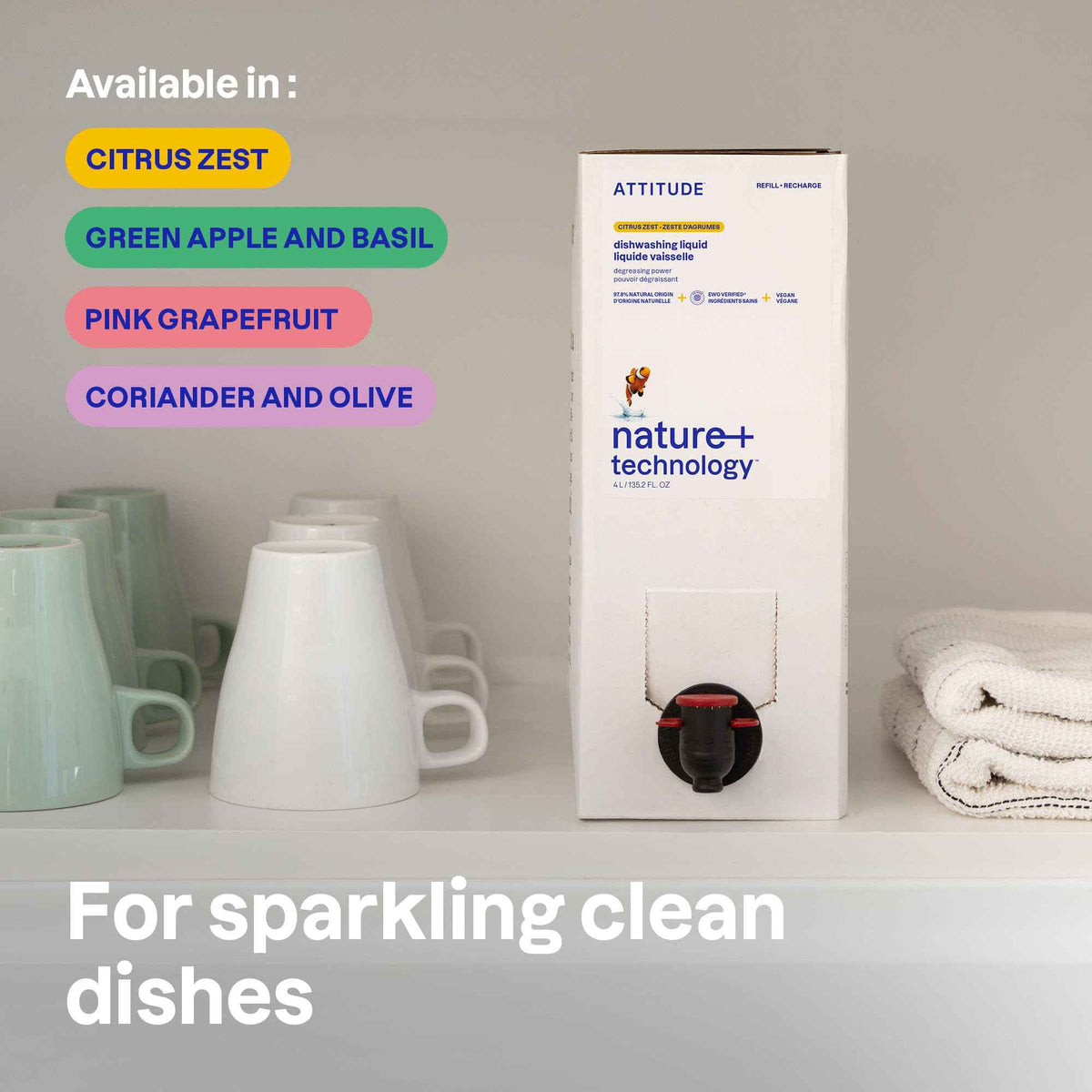 ATTITUDE Dish Soap Refill, EWG Verified, Plant-Based & Vegan Dishwashing Liquid, Naturally Derived, Made in Canada, Green Apple and Basil Scent, 4 Liters 🍁 All In One Marketplace Canada
