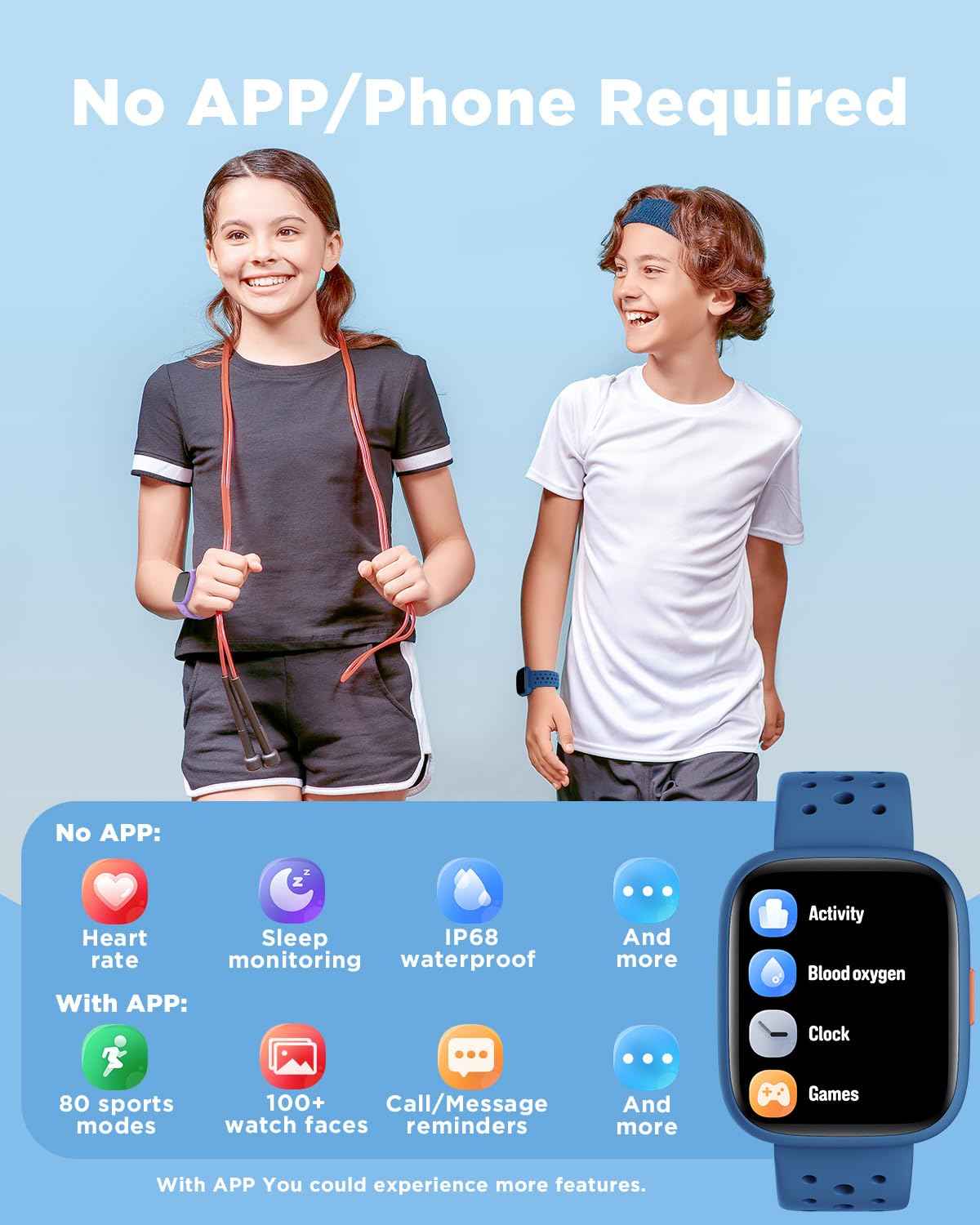 BIGGERFIVE Smart Watch for Kids, 1.8" Fitness Tracker Watch Pedometer, Heart Rate, Sleep Monitor, IP68 Waterproof, Calorie Step Counter, Puzzle Games with/Without APP for Girls Boys Teens 5-16, Blue 🍁 All In One Marketplace Canada