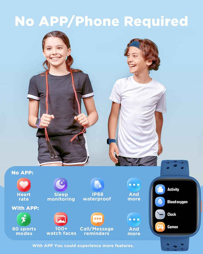BIGGERFIVE Smart Watch for Kids, 1.8" Fitness Tracker Watch Pedometer, Heart Rate, Sleep Monitor, IP68 Waterproof, Calorie Step Counter, Puzzle Games with/Without APP for Girls Boys Teens 5-16, Blue 🍁 All In One Marketplace Canada