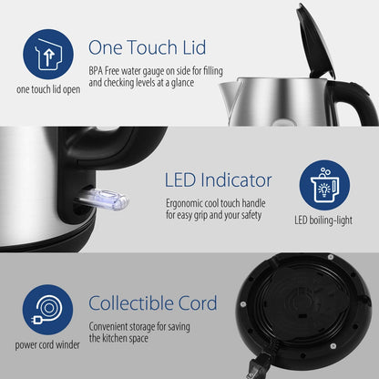 COMFEE' Stainless Steel Electric Kettle, 1.7L Tea Kettle Electric for Boiling Water, Hot Water Kettle 1500W Fast Boil with LED Light, Auto Shut-Off and Boil-Dry Protection 🍁 All In One Marketplace Canada