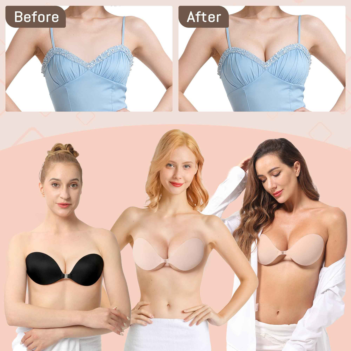 GKHWON Adhesive Bra Strapless Backless Invisible Push Up Sticky Bra with Silicone Nipple Covers Reusable Beige B 🍁 All In One Marketplace Canada