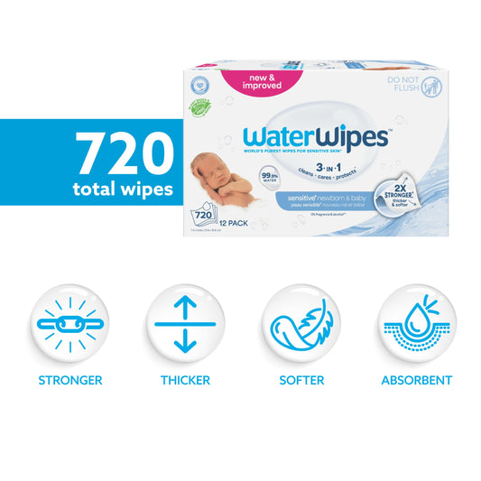 WaterWipes Sensitive+ Newborn & Baby Wipes, 3-In-1 Cleans, Cares, Protects, 99.9% Water, Unscented & Hypoallergenic, 720 Count (12 Packs) 🍁 All In One Marketplace Canada