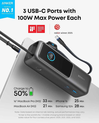 Anker Laptop Power Bank, 25,000mAh Portable Charger with Triple 100W USB-C Ports, Built-in Retractable Cables, Flight-Approved for Travel, iPhone 17/16 Series, MacBook, Samsung, and More 🍁 All In One Marketplace Canada