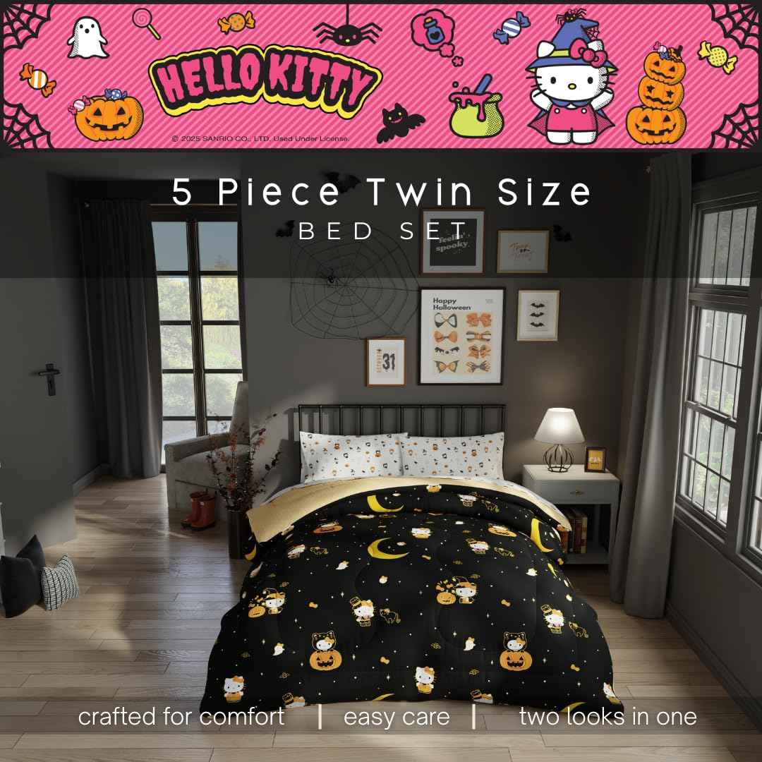 Sanrio Hello Kitty Halloween Pumpkin Twin Bed Set – Super Soft & Cozy 4 Piece Reversible Comforter and Sheet Set (Officially Licensed Product) by Franco