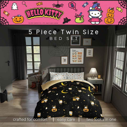 Sanrio Hello Kitty Halloween Pumpkin Twin Bed Set – Super Soft & Cozy 4 Piece Reversible Comforter and Sheet Set (Officially Licensed Product) by Franco