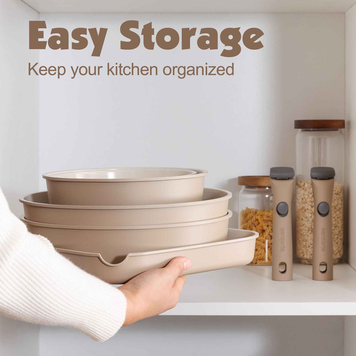 SENSARTE 17 Piece Ceramic Pots and Pans Set, Nonstick Detachable Handle Cookware, Induction Kitchen Cookware Set with Removable Handle, Dishwasher ＆ Oven Safe (Almond Beige) 🍁 All In One Marketplace Canada