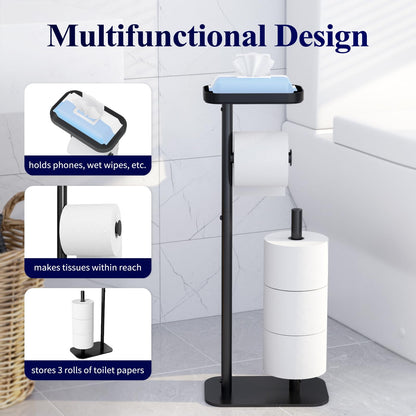 Kitsure Toilet Paper Roll Holder Free Standing – Rustproof Metal Toilet Paper Stand for 4 Rolls with Anti-Slip Base and Shelf for Phone & Small Items, Black, 63.0 x 23.5 x 15.0 cm 🍁 All In One Marketplace Canada