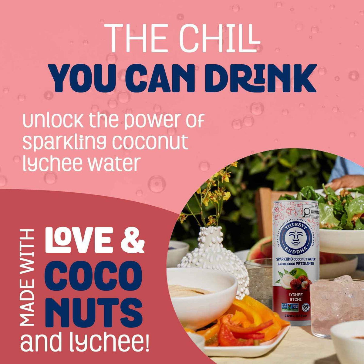 THIRSTY BUDDHA Sparkling Coconut Water with Lychee, No Added Sugar, Pure Coco Drink, Natural Fruit Flavour, Electrolyte & Nutrient-Rich, 12 Pack, (12/330ml) 🍁 All In One Marketplace Canada