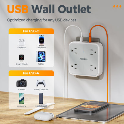 Wall Outlet Extender, TESSAN 4 Multi Plug Outlet Splitter with 1 USB C and 2 USB A Charging Ports, Multiple Plug Extension Block with Surge Protector for Home, Kitchen, Office, Dorm, Gray 🍁 All In One Marketplace Canada