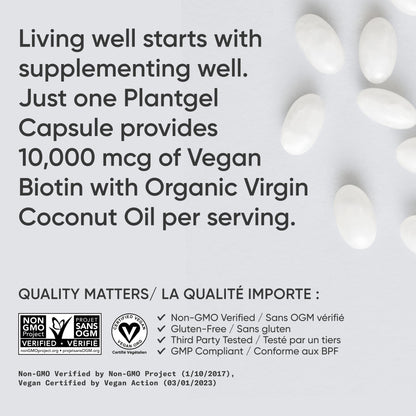 Sports Research® Max Strength Vegan Biotin 10,000mcg with Organic Coconut Oil - Helps to Maintain Healthy Hair, Nails and Skin - Great for Women & Men - 120 Veggie Softgels 🍁 All In One Marketplace Canada