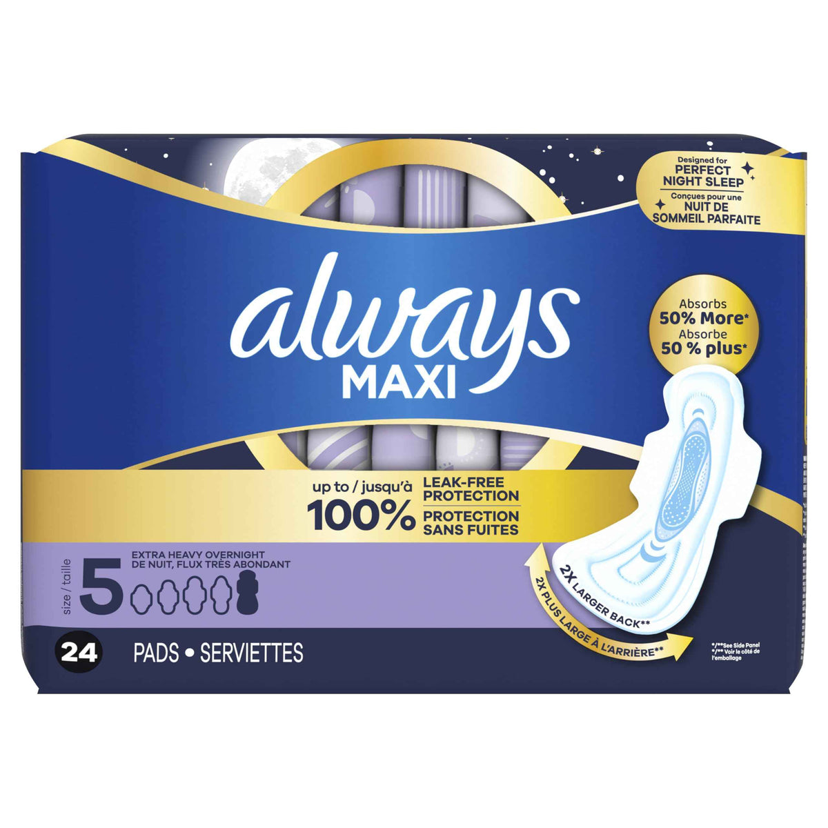 ALWAYS MAXI OVERNIGHT PADS WITH WINGS, SIZE 5, EXTRA HEAVY OVERNIGHT, UNSCENTED, 72 COUNT TOTAL (PACK OF 3) 🍁 All In One Marketplace Canada