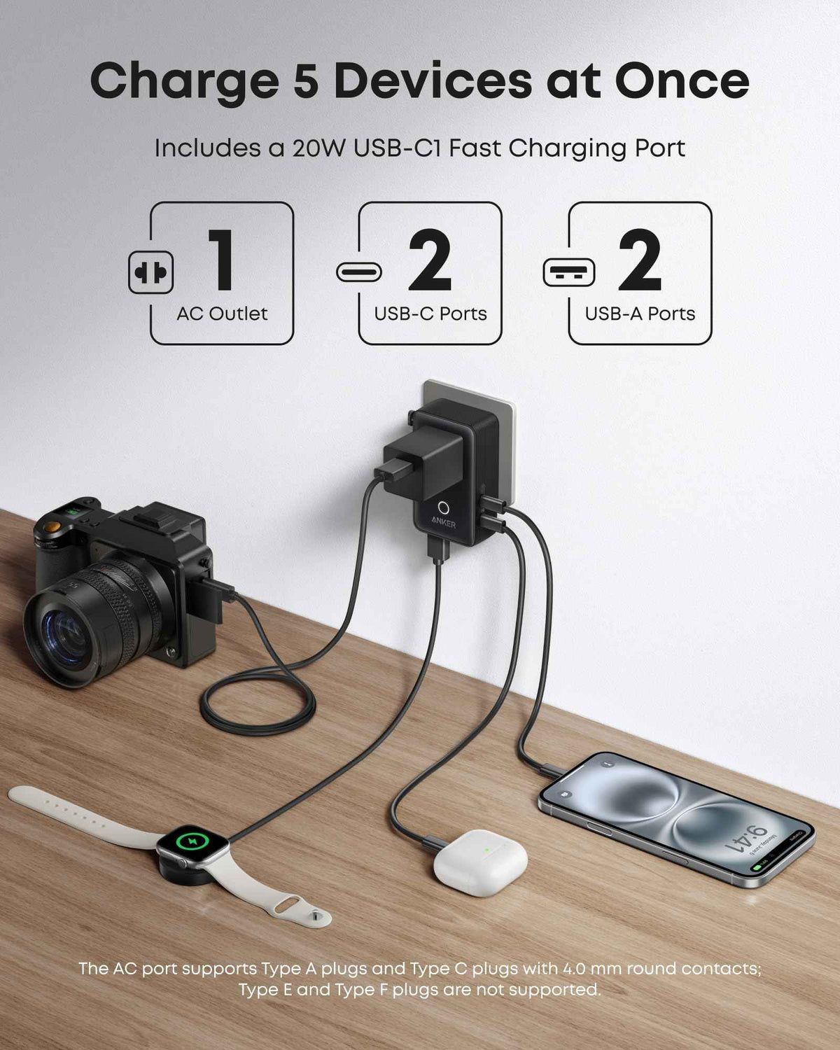 Anker Nano European Travel Plug Adapter, 5-Port Fordable Travel Adapter with 1AC 2USB-A 2USB-C Ports,Temperature Control, Essentials for Over 200 Countries, Ideal for Travel (1-Pack) (Black) 🍁 All In One Marketplace Canada