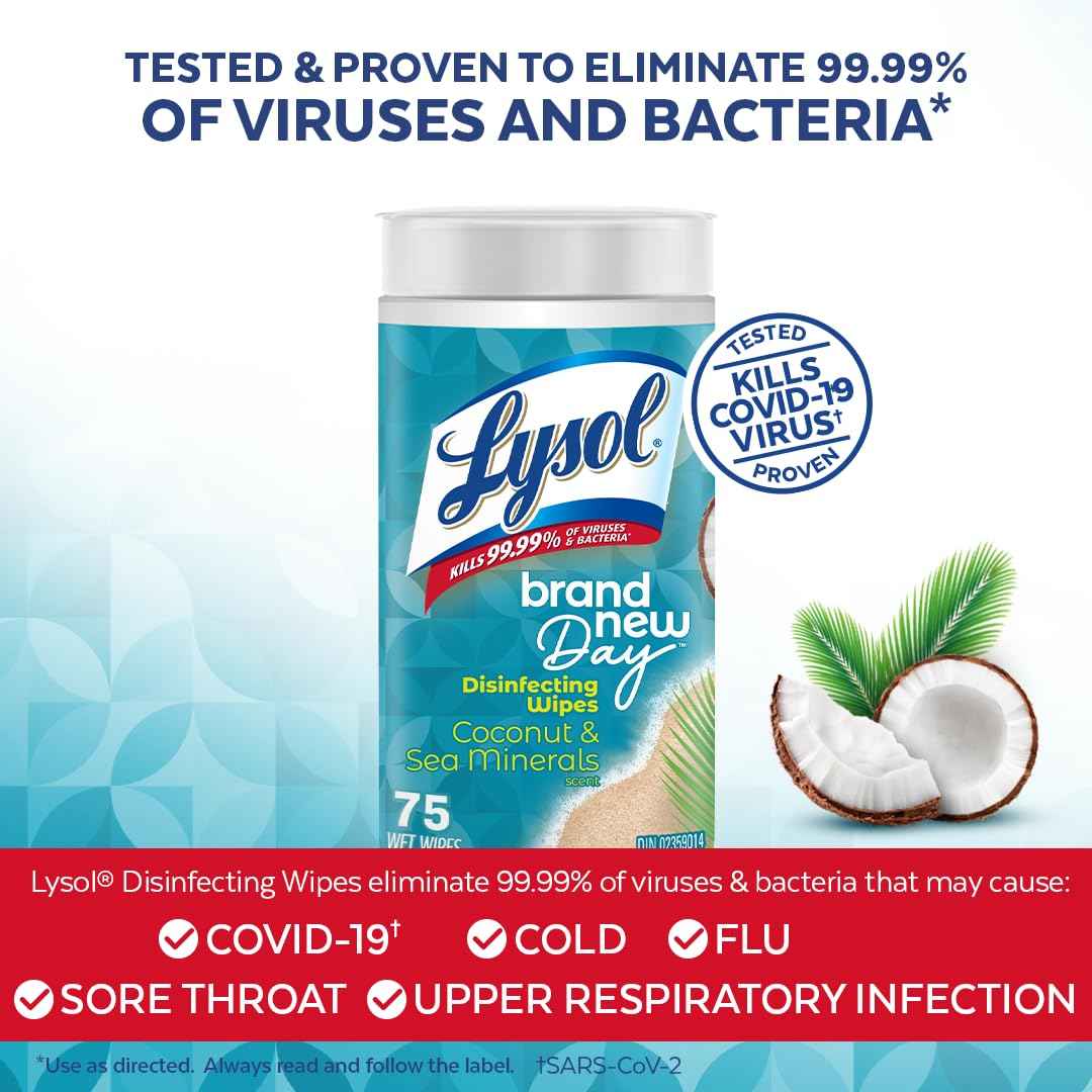 Lysol Disinfecting Wipes, Thick Cleaning Wipes with Micro-Pocket Pattern for Home & Electronics, Kills 99.9% of Germs, Removes Allergens, Coconut & Sea Minerals Scent, 6 X 75 Count (450 Total Wipes) 🍁 All In One Marketplace Canada