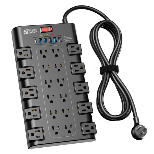 SUPERDANNY Surge Protector Power Bar with 6 USB Charging Ports, Mountable Flat Plug Power Strip, 22 Widely-Spaced Outlets, 2100 Joules, 6.5Ft Heavy Duty Extension Cord for Home, Office, Dorm, Black 🍁 All In One Marketplace Canada