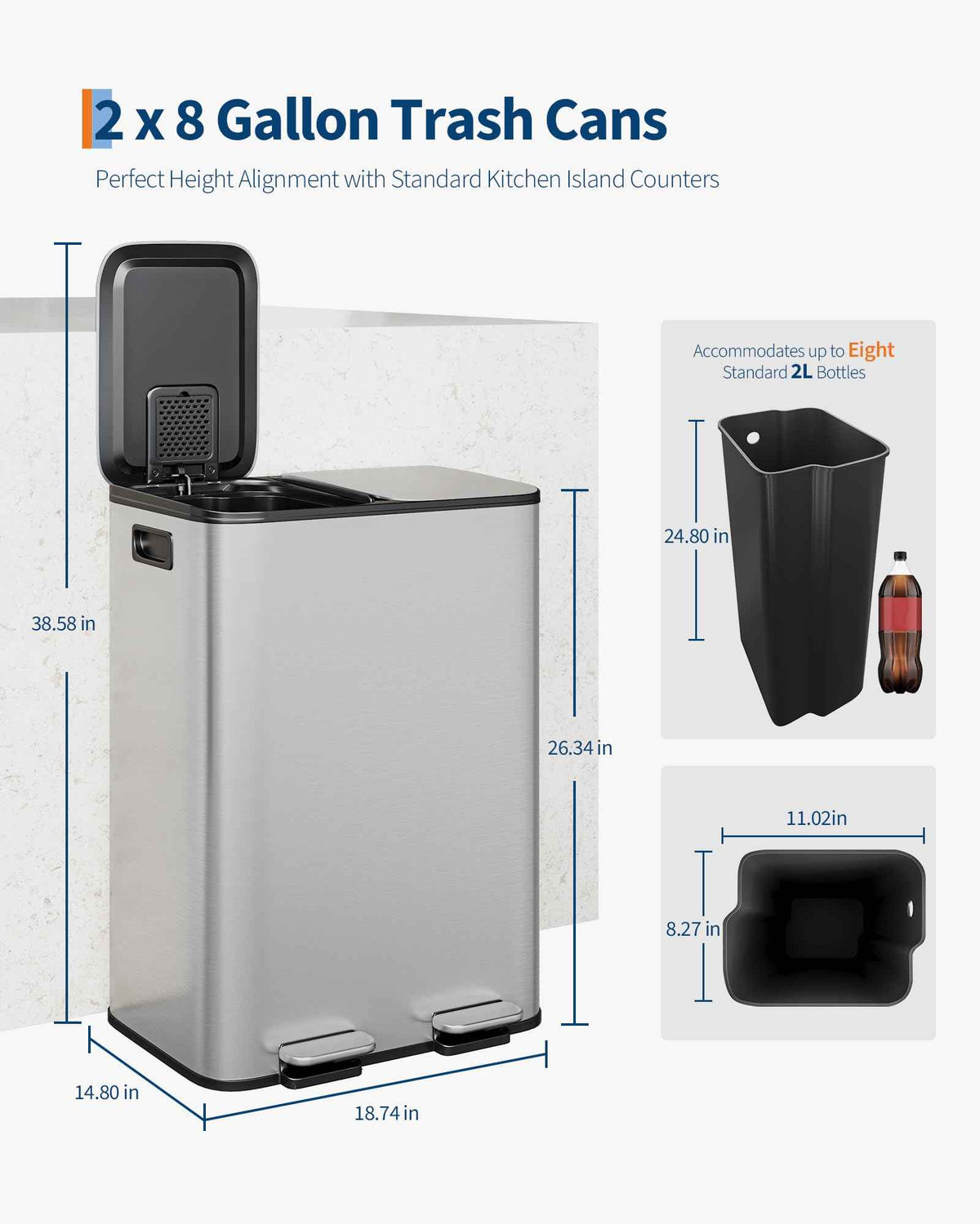 GarveeHome 2x8 Gallon Stainless Steel Dual Trash Can with Lid, Large Kitchen Step-on Garbage and Recycle Bin Combo, Metal Double Trash Can with PP Inner Buckets & Liner Rim for Kitchen Waste Sorting 🍁 All In One Marketplace Canada