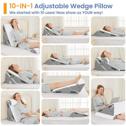 Sasttie Wedge Pillows for Adult, 2PCS Adjustable Bed Wedge Pillow for Post Surgery, Triangle Pillow Headboard with Bolster Cushion for Sleeping, Acid Reflux, Neck & Back Support, White and Dark Grey 🍁 All In One Marketplace Canada