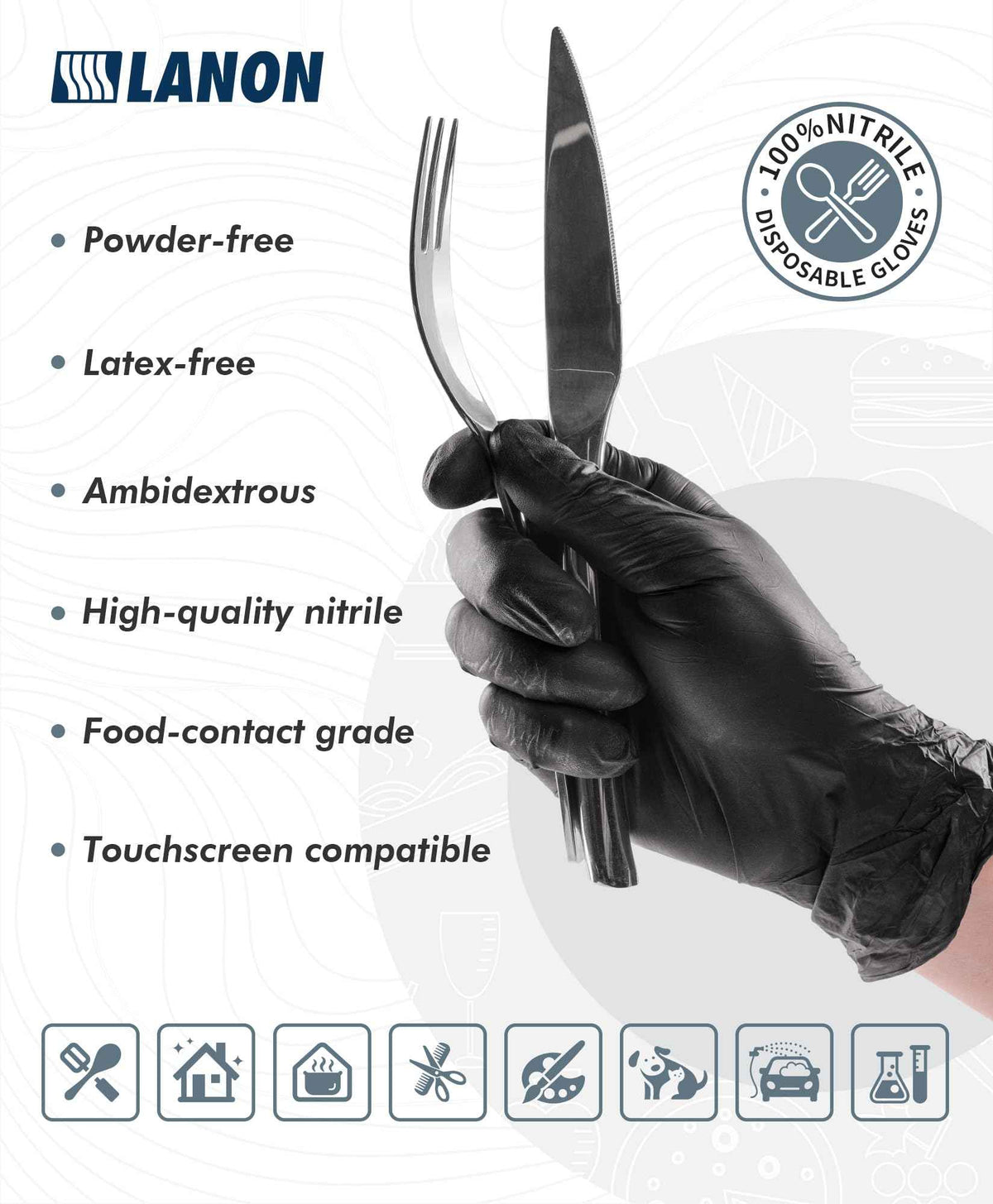 LANON Food Safe Disposable Black Nitrile Gloves, Latex-Free, Powder-Free, Silicone-Free, Textured Fingertips, Cooking, Medium 🍁 All In One Marketplace Canada