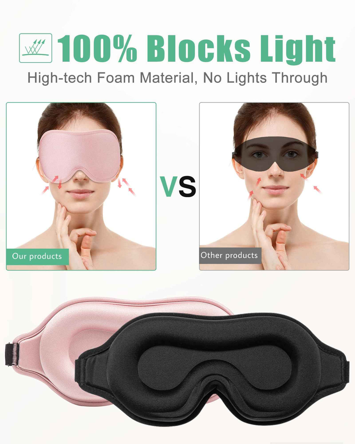 100% Blackout Sleep Mask for Women Men, 2 Packs 3D Contoured Eye Mask for Sleeping with Adjustable Strap, BeeVines Eye Mask for Eyelash Extensions Sleep Mask Blindfold, Soft Breathable Eye Shade Cover for Travel Yoga (Black & Pink)
