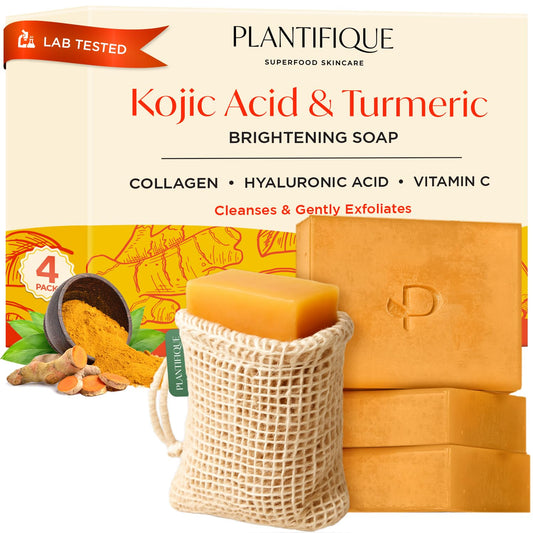 PLANTIFIQUE Turmeric & Kojic Acid Soap for Hyperpigmentation, Lab Tested - 4 Bars with Mesh Net - Face & Body Wash with Hyaluronic Acid, Collagen, Vitamin C - 320g / 11.28 oz 🍁 All In One Marketplace Canada