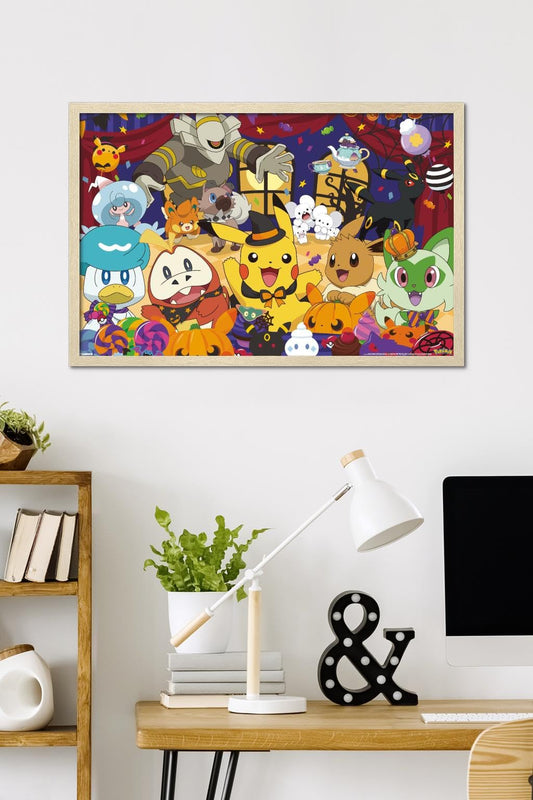 Pokémon: Halloween Party- Group Wall Poster, 34L" x 22.4W", Blonde Framed Version