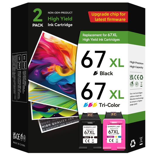 Chromojet 67XL Ink Cartridges Black/Color Combo Pack Compatible for HP Ink 67 67XL Printer Ink 67 Fit for DeskJet 4155e 2855e 2755e 2700 2700e 2800e 4100 Envy 6055e 6455e 6000 6400 Printer 🍁 All In One Marketplace Canada