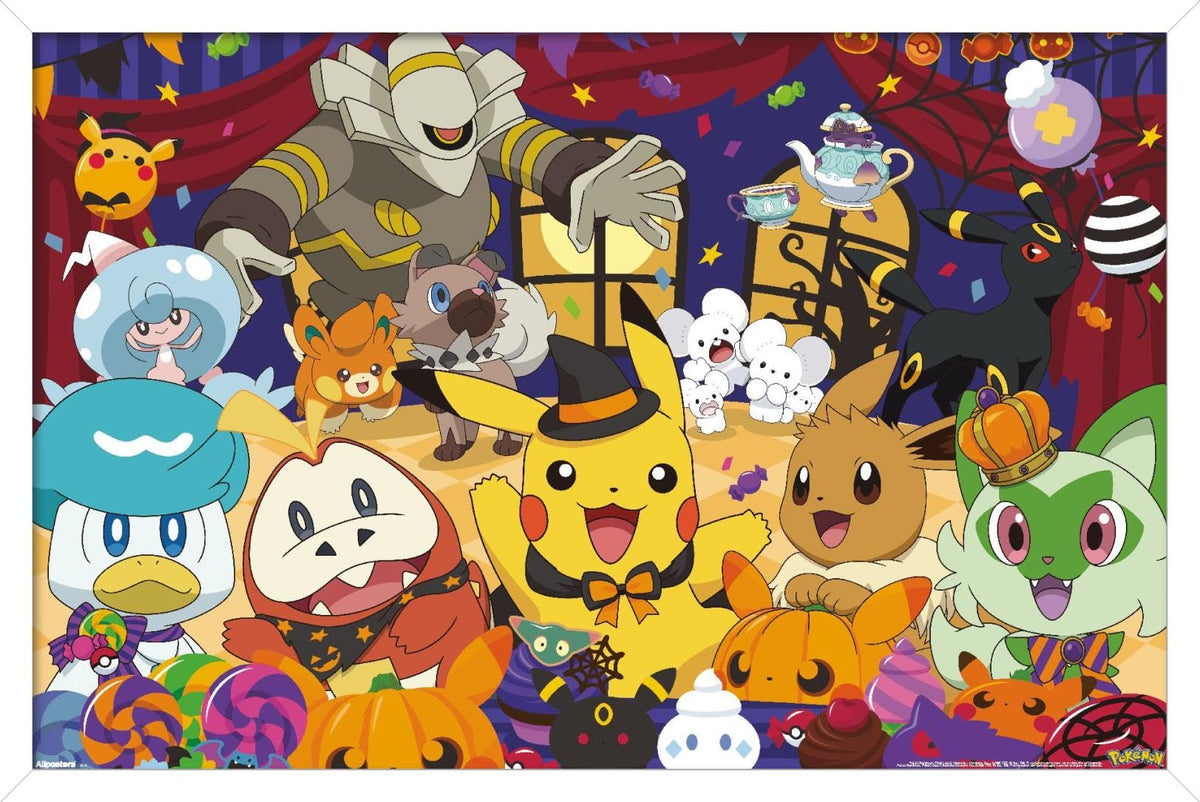 Pokémon: Halloween Party- Group Wall Poster, 22.4L" x 14.7W", White Framed Version