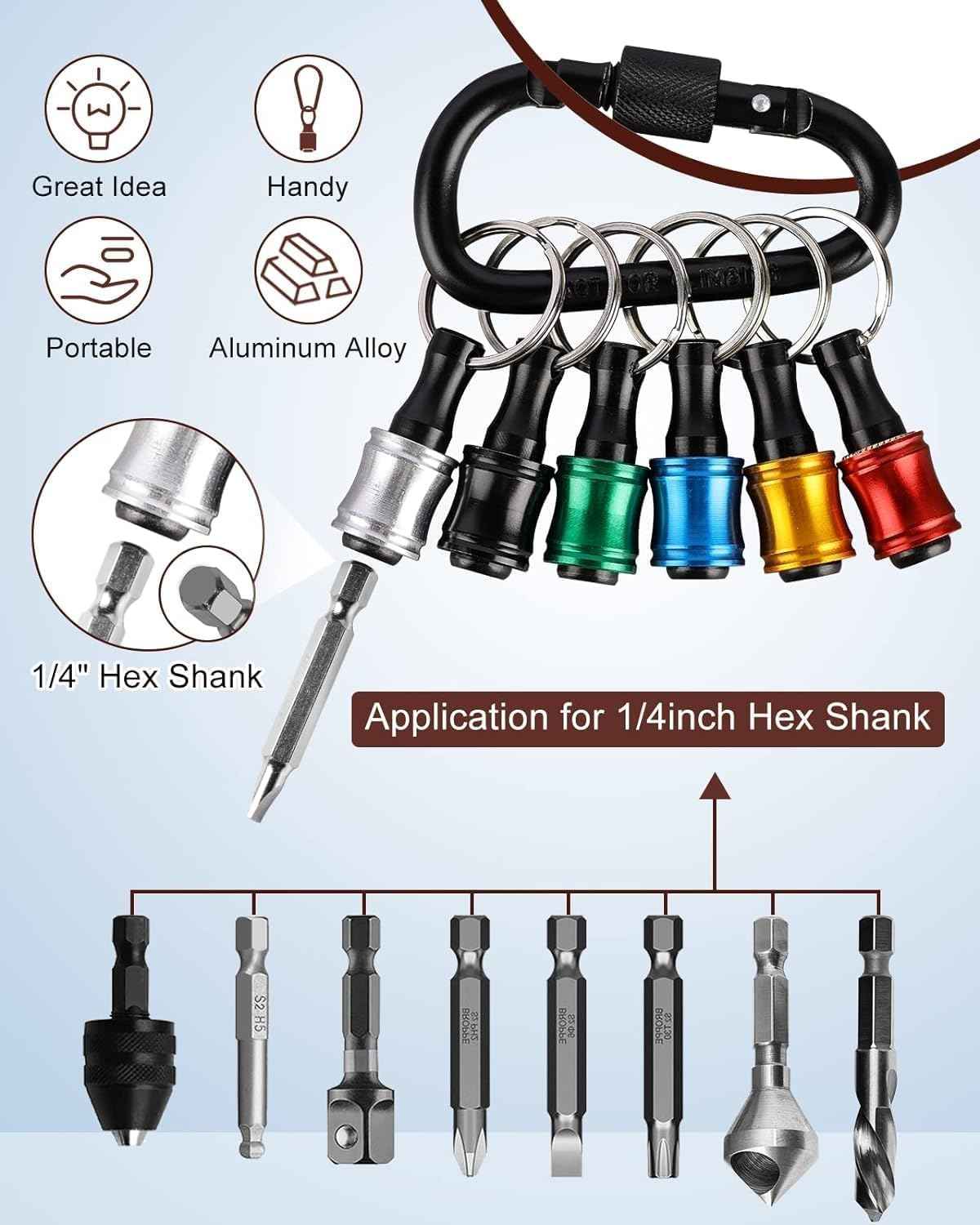 Upgrade, Push to Unlock,katerk 6pcs 1/4 inch Hex Shank Aluminum Alloy Screwdriver Bits Holder Light-weight Quick-change Extension Bar Keychain Drill Screw Adapter Change Portable, With Black Carabiner 🍁 All In One Marketplace Canada