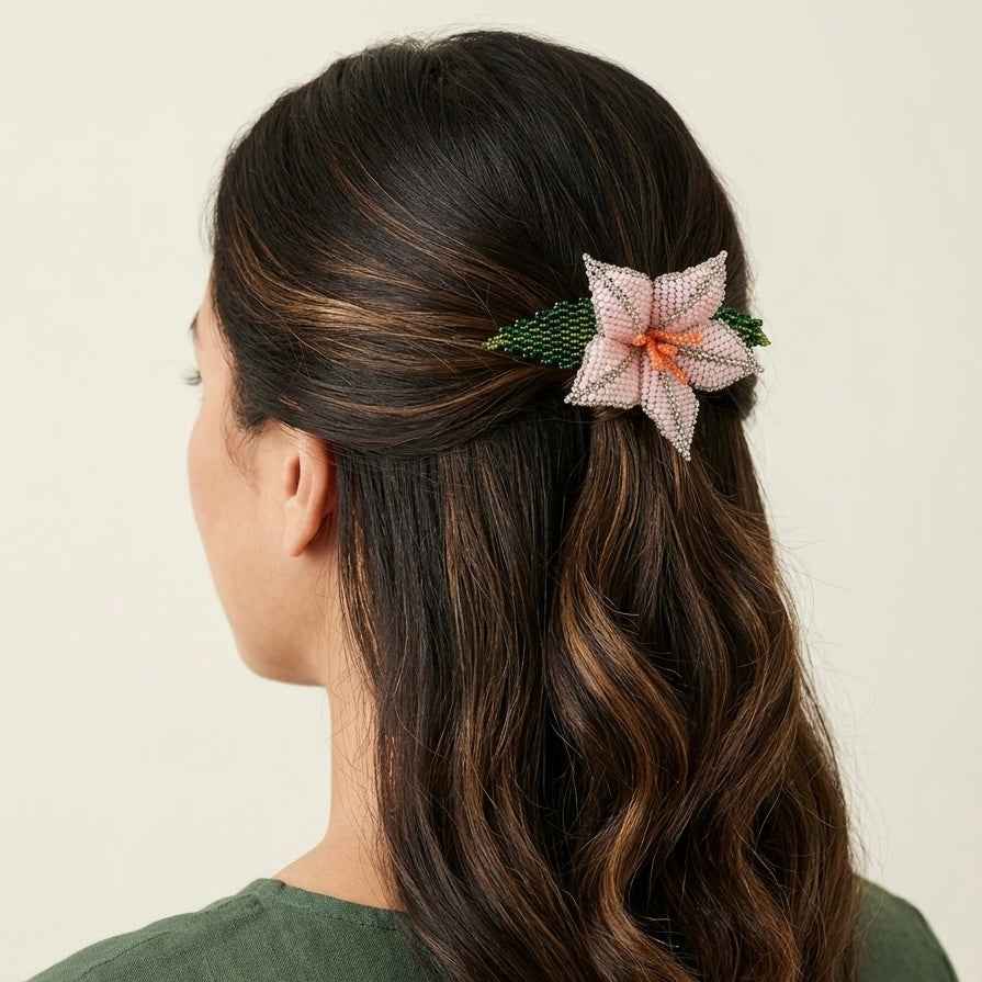 Pink Ember Bloom Beaded Hair Barrette