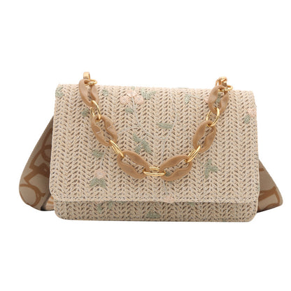 Women's Straw Small Square Crossbody Bag with Acrylic Chain