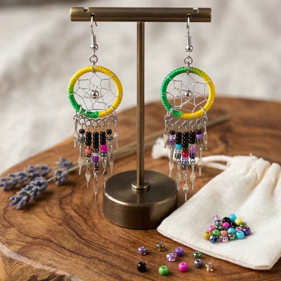 Yellow/greenBeaded Dreamcatcher earrings