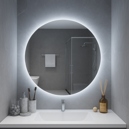 HaloLux Round LED Bathroom Mirror — Edge Back-Lit Halo, Dimmable Touch (Warm/Neutral/Cool), Hardwired | 24″, 28″, 32″