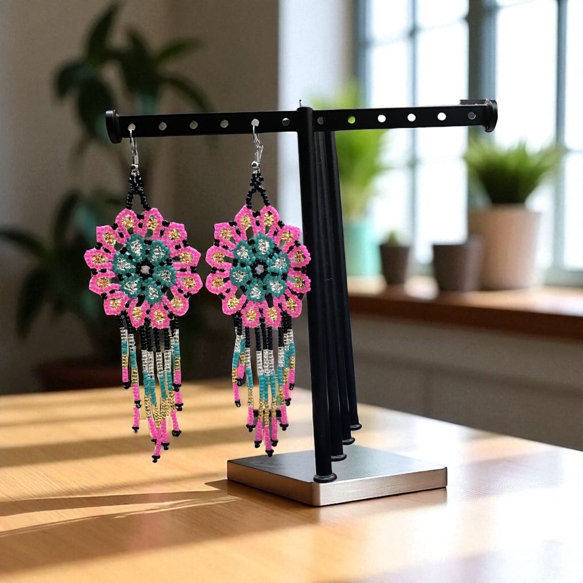 Pink Green  Flower beaded Earrings