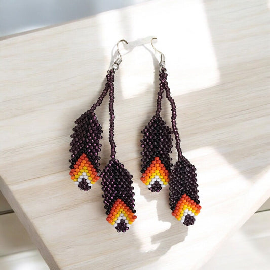 OldTribes™ blackberry beaded Feather earrings