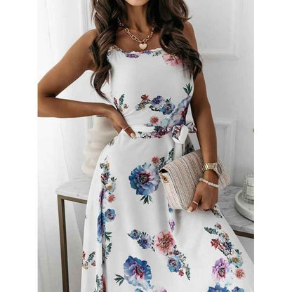 Women's Printed Suspender Belted Irregular Hem Dress