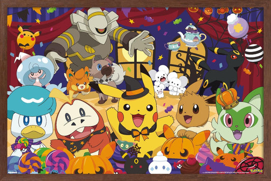 Pokémon: Halloween Party- Group Wall Poster, 34L" x 22.4W", Mahogany Framed Version