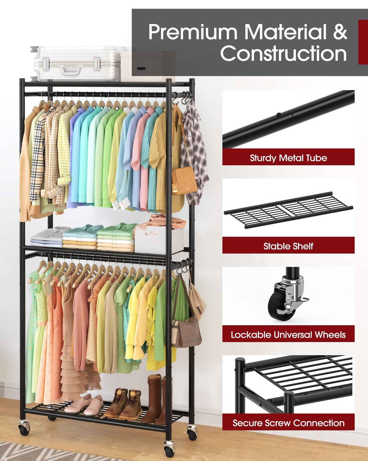 Sakugi Clothing Rack - Coat Rack with Shelves & Wheels, Multi-Functional Clothes Rack with Hooks, Sturdy Metal Garment Shelf for Bedroom, Laundry, Balcony, 84W × 31D × 202H cm, Black 🍁 All In One Marketplace Canada