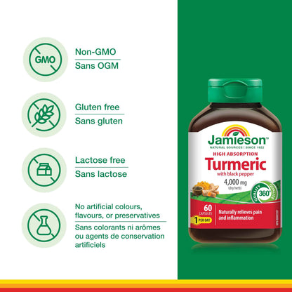 Jamieson Turmeric 4,000 mg, with Black Pepper, 60 Vegetarian Capsules, Natural Joint Pain Relief, Supports Inflammation, Helps with Digestion. High Absorption, Non-GMO, Proudly Canadian 🍁 All In One Marketplace Canada